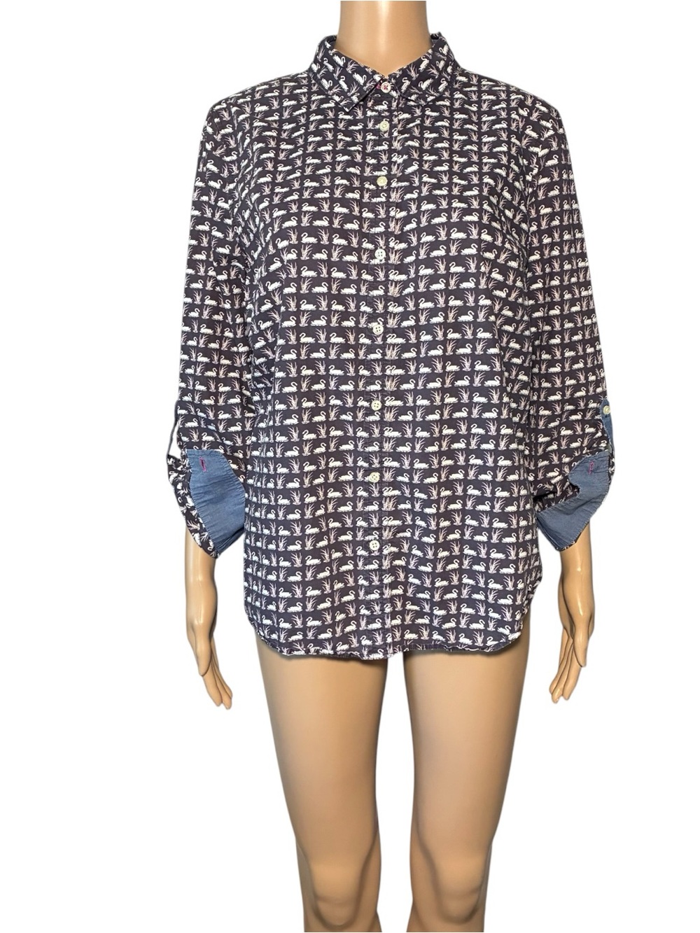 Talbots Womens Shirt Size 12 Swan Print Button Down 100% Cotton Roll Tab Sleeve